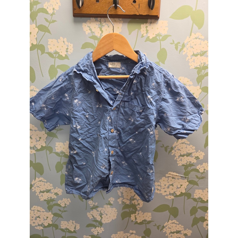 My Little Cozmo Kids Blue Palm Tree Organic Cotton Button Down Shirt Size 4Y